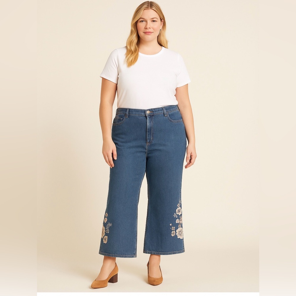 Karen Kane Blue Floral Wide Leg Jeans